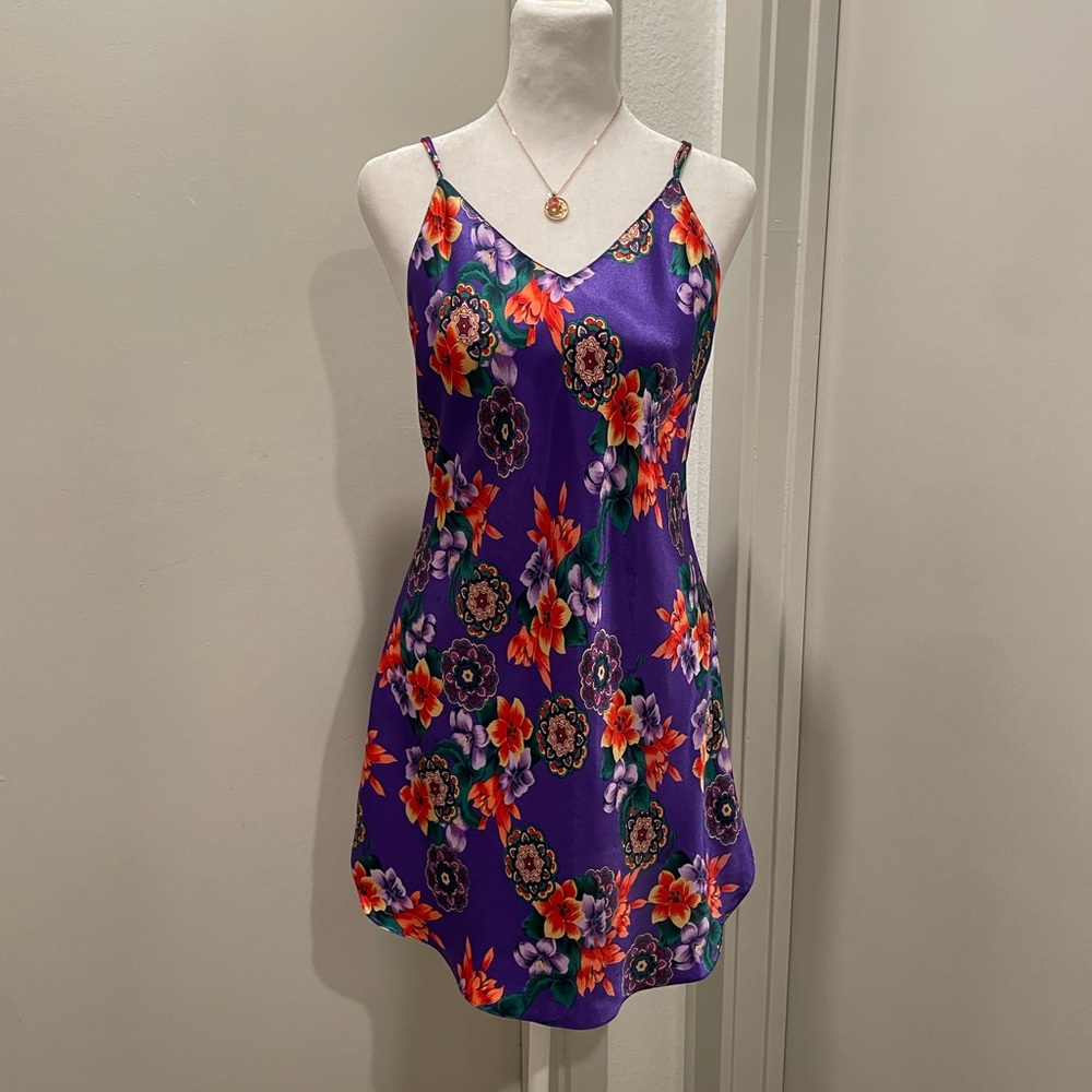 VTG 90s Fairycore Purple Multicolored Floral V-Neck Cami Slip Mini Dress - M